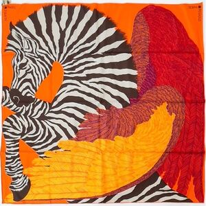 NWT RARE! Hermes Scar Carré 90 "Zebra Pegasus" in Orange & Red by Alice Shirley